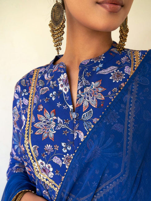 Dark Blue Georgette Digital Floral Printed Kurta with Palazzo and Dupatta
